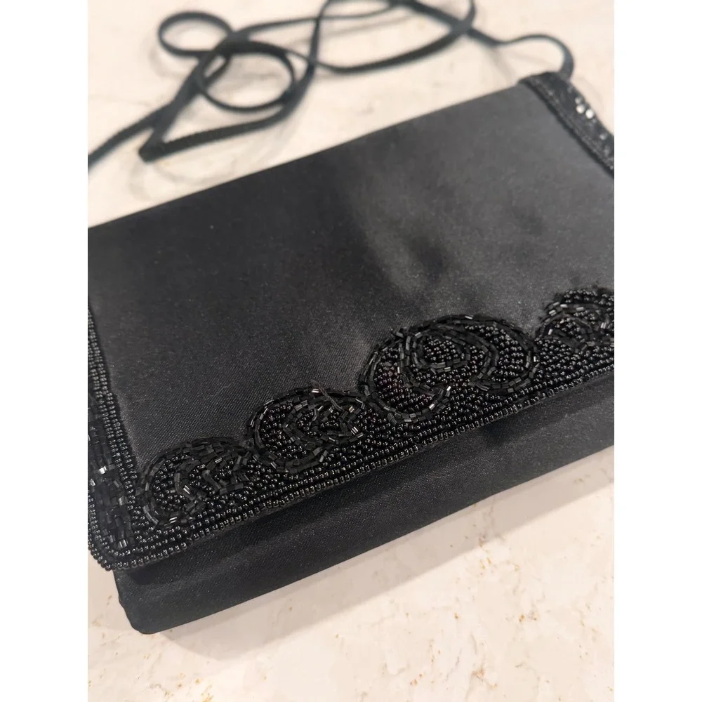 Vintage La Regale Black Satin Beaded Evening Clutch Crossbody‎ Bag Formal Glam
